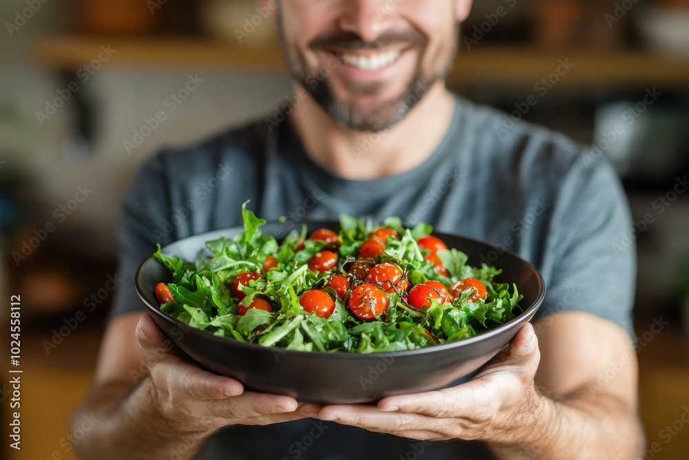 A man, smiling, is holding a bowl of fresh salad with cherry tomatoes and leafy greens A man, smiling, is holding a bowl of fresh salad with cherry tomatoes and leafy greens