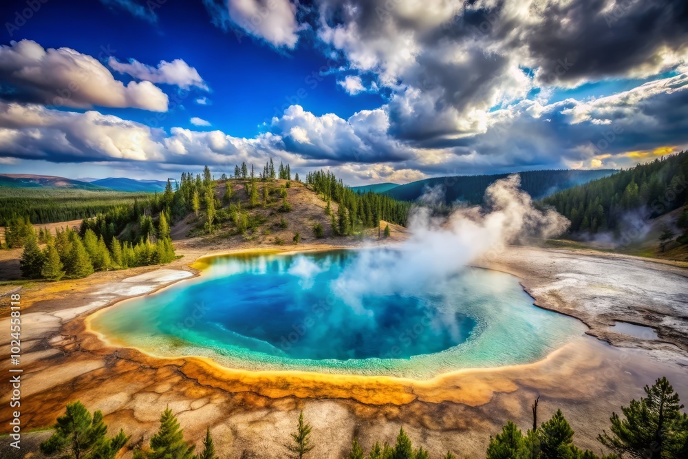 Excelsior Geyser Crater in Yellowstone National Park showcased through vintage-style photography, revealing its breathtaking natural wonders and remarkable geological features in timeless, Excelsior Geyser Crater in Yellowstone National Park showcased through vintage-style photography, revealing its breathtaking natural wonders and remarkable geological features in timeless,