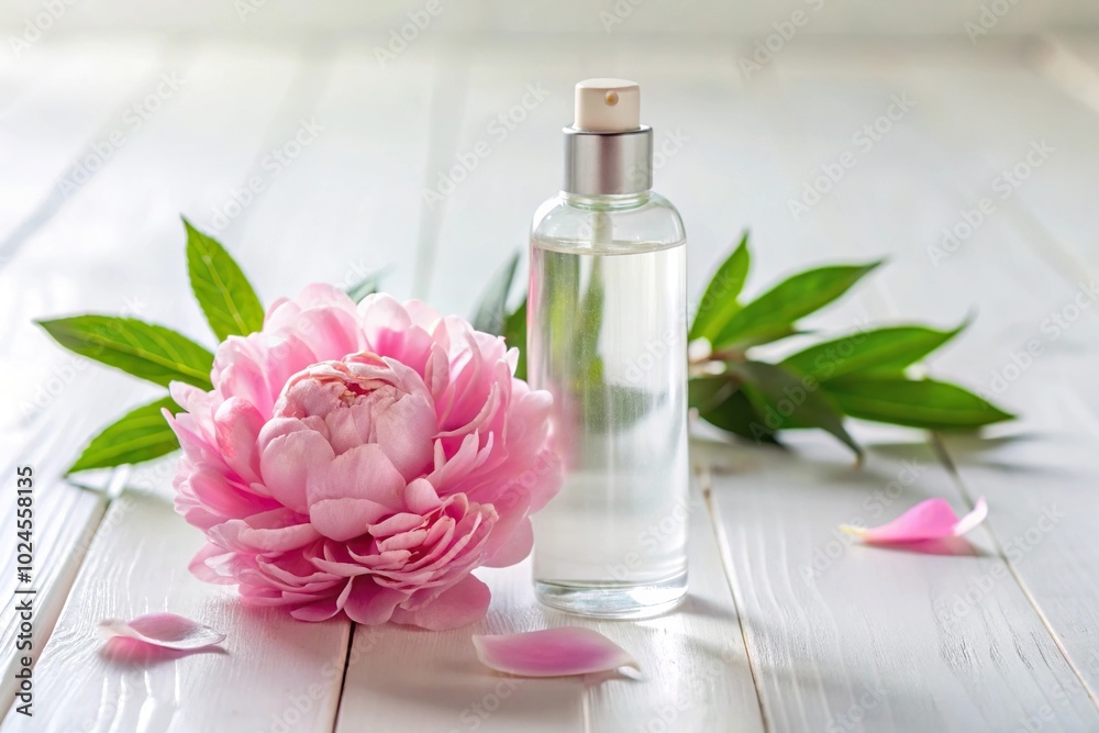 Studio shot of a smoothing toner bottle and peony flower on a white table Studio shot of a smoothing toner bottle and peony flower on a white table
