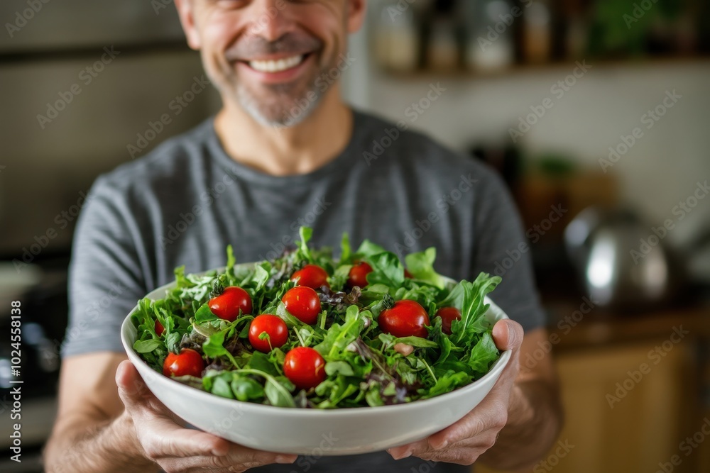A man, smiling, is holding a bowl of fresh salad with cherry tomatoes and leafy greens A man, smiling, is holding a bowl of fresh salad with cherry tomatoes and leafy greens