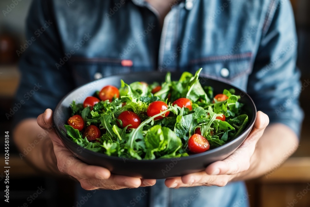 A man, smiling, is holding a bowl of fresh salad with cherry tomatoes and leafy greens A man, smiling, is holding a bowl of fresh salad with cherry tomatoes and leafy greens
