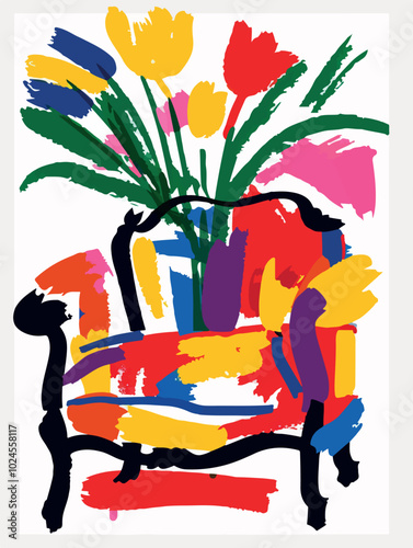 A vibrant, abstract art print featuring a colorful floral arrangement in a modern armchair. Bold strokes of red, yellow, blue, and green create a lively composition, perfect for home decor or artistic