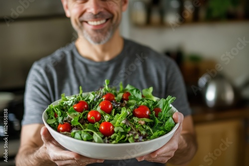 A man, smiling, is holding a bowl of fresh salad with cherry tomatoes and leafy greens