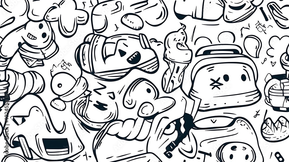 Fototapeta premium A dynamic fitness frenzy-themed pattern featuring various exercise equipment like kettlebells, dumbbells, gym bags, and fitness trackers, surrounded by abstract patterns and active exercise poses.