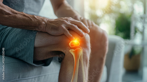 Close-up of a Person Holding Knee in Pain, Skeletal Structure Highlighted in Orange Glow, Symbolizing Joint Pain or Injury, Medical Illustration of Arthritis or Discomfort 