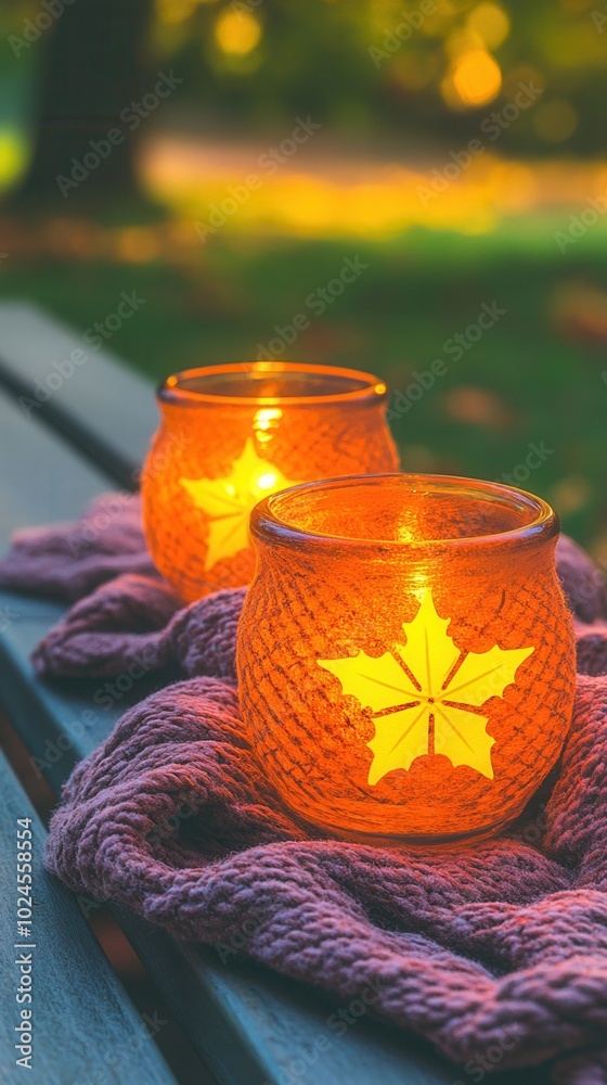 Two glowing candles surrounded by a cozy knit blanket, creating a warm ambiance in a serene outdoor setting. Two glowing candles surrounded by a cozy knit blanket, creating a warm ambiance in a serene outdoor setting.