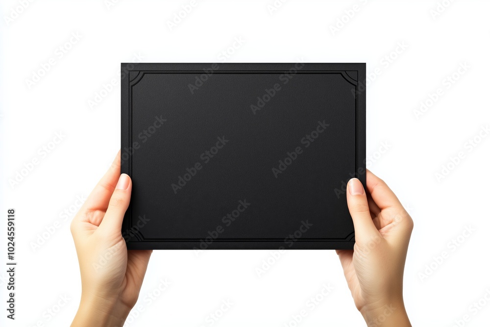 Hands holding empty black certificate mock-up isolated on white background Hands holding empty black certificate mock-up isolated on white background