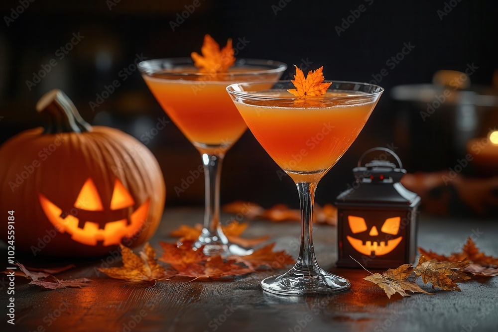 two festive pumpkin martinis sit invitingly on a bar counter garnished with a pumpkin lantern and autumn leaves evoking a cozy halloween spirit in a warmly lit environment two festive pumpkin martinis sit invitingly on a bar counter garnished with a pumpkin lantern and autumn leaves evoking a cozy halloween spirit in a warmly lit environment