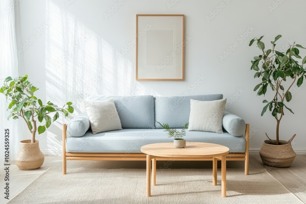 Fototapeta premium A minimalist living room with a pale blue sofa, a wooden coffee table, and a neutral-toned rug