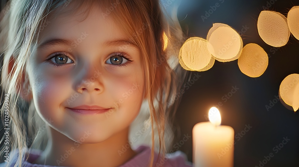 Fototapeta premium Closeup portrait of a child s face illuminated by the soft warm glow of a single flickering candle creating a cozy intimate and contemplative atmosphere