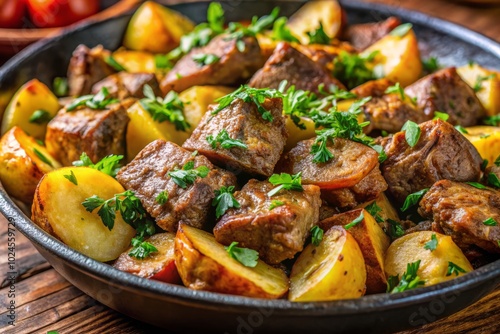 Experience the essence of Odjakhuri, where savory fried potatoes intertwine with tender meat, captured artfully in selective focus, enhancing the allure of this Georgian dish.