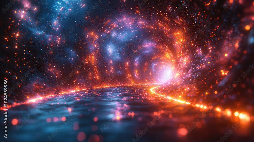 An artistic representation of a cosmic tunnel filled with swirling colors and luminous particles, symbolizing a journey through space. An artistic representation of a cosmic tunnel filled with swirling colors and luminous particles, symbolizing a journey through space.