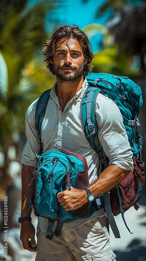Adventurous Man with Backpack in Tropical Setting Adventurous Man with Backpack in Tropical Setting