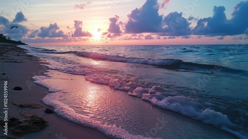 A peaceful beach at sunrise, with soft waves and seagulls flying overhead