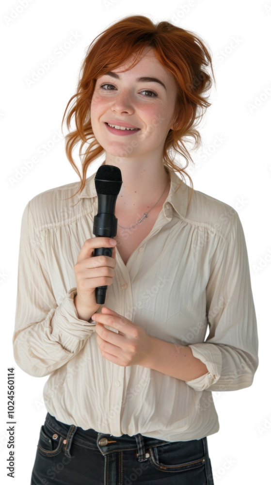 PNG A woman lecturer holding a microphone at chest level portrait clothing smiling. PNG A woman lecturer holding a microphone at chest level portrait clothing smiling.