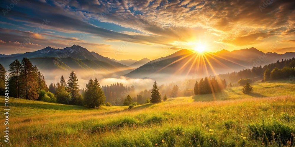 Obraz premium Stunning sunrise over mountains and meadow landscape with golden bokeh, tilted angle