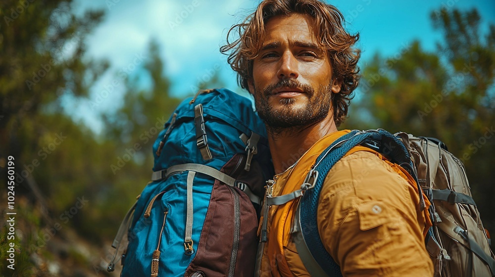 Adventurous Man With Backpack In Forest Adventurous Man With Backpack In Forest
