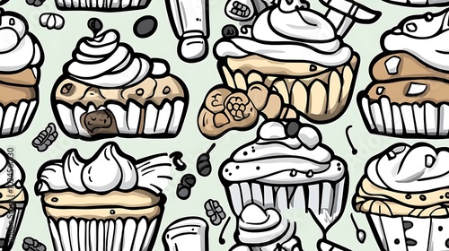 A dynamic vintage bakery-themed pattern featuring various baked treats like croissants, cupcakes, cookies, and scones, along with bakery tools like rolling pins and whisks.