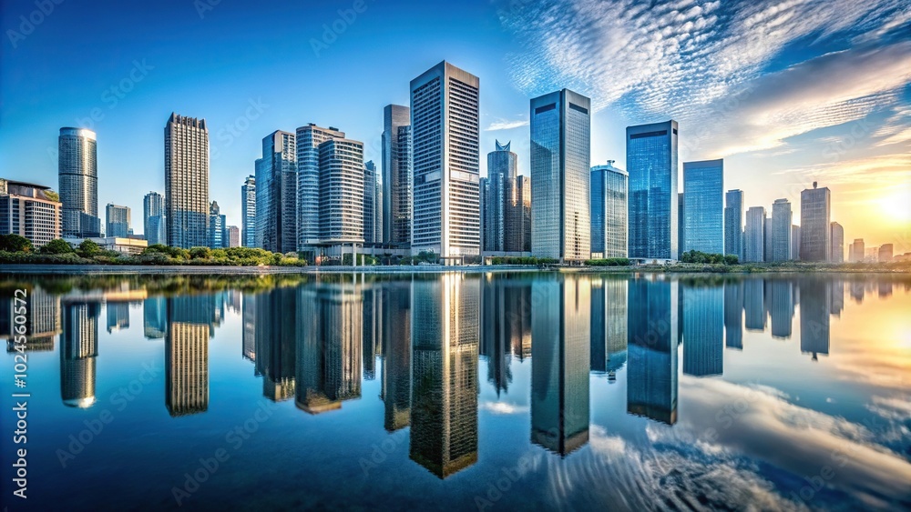 Stunning water reflection of modern buildings in wide-angle view Stunning water reflection of modern buildings in wide-angle view