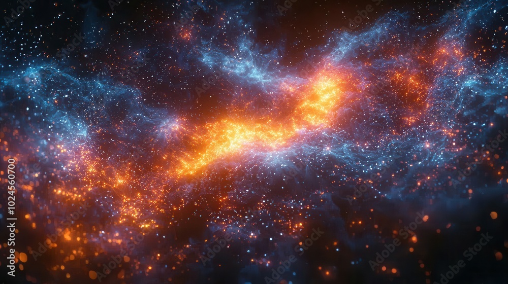 A stunning cosmic nebula filled with vibrant blue and orange hues, showcasing stars and gas in a beautiful celestial background.