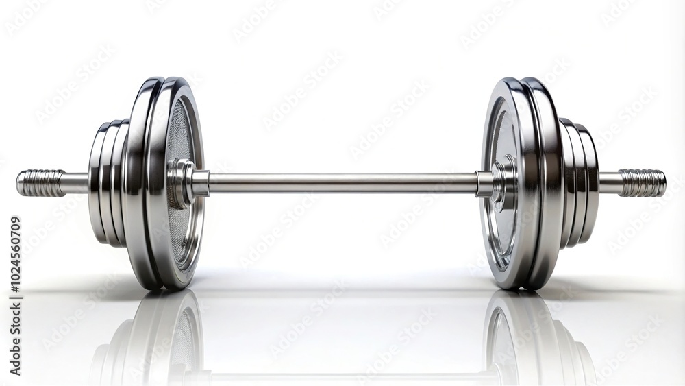 Sturdy barbell with chrome plates and knurled grips on white background Sturdy barbell with chrome plates and knurled grips on white background
