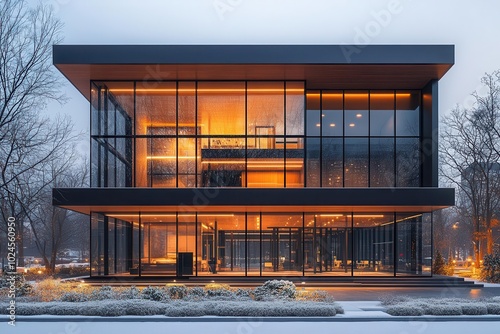 twostory minimalist office building blending industrial elements with large glass windows harmonizing with its modern urban surroundings for a stylish appeal photo