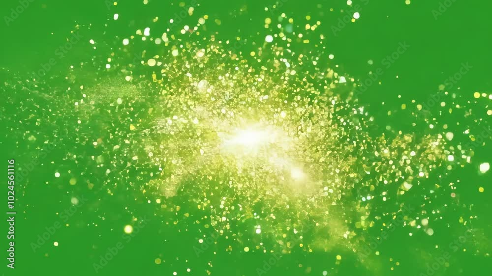 Golden particles explosion evolving on green screen background