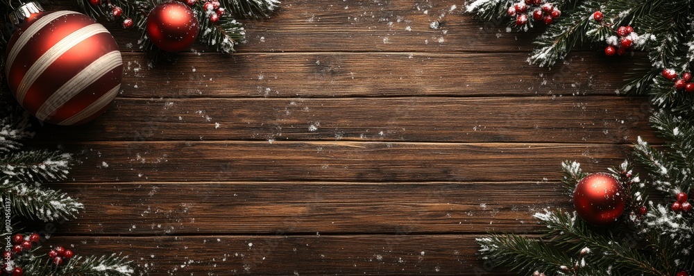 Festive Christmas background with rustic brown wooden texture adorned by red ornaments and evergreen branches Festive Christmas background with rustic brown wooden texture adorned by red ornaments and evergreen branches