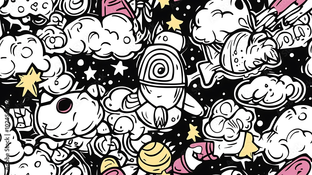 Naklejka premium A lively space-themed pattern with a variety of cosmic objects, including meteor showers, black holes, and bright shooting stars.
