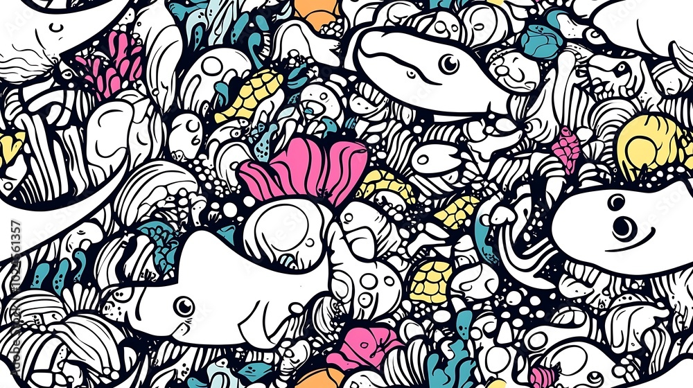 Naklejka premium A lively underwater pattern with a variety of sea creatures, including manta rays, shrimp, and angelfish, surrounded by anemones and bubble streams. Bold outlines and vibrant color accents,