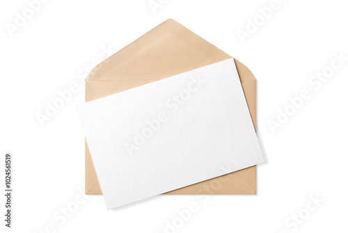 Opened brown paper envelope mockup with paper sheet isolated on a transparent background, PNG. High resolution. 