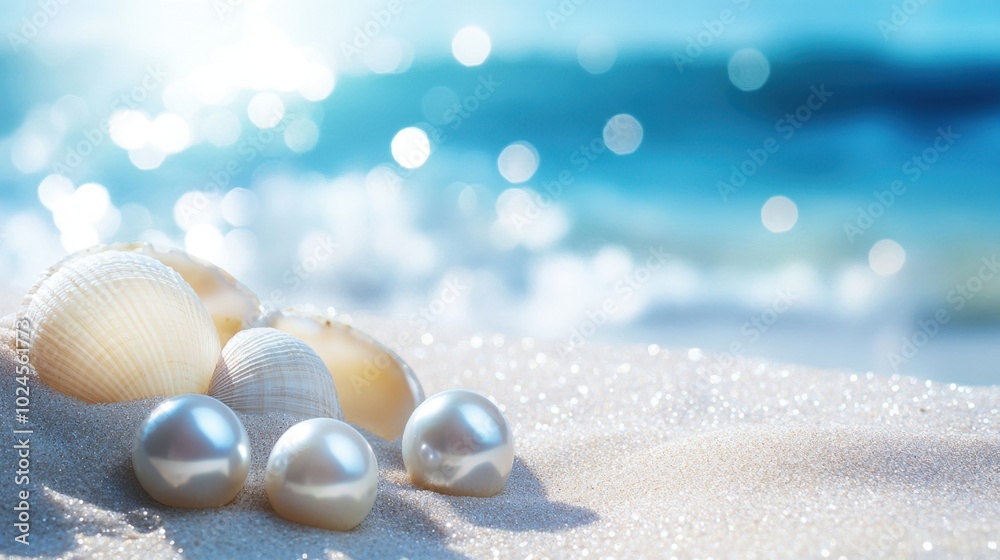 Close-up of sparkling pearl shells resting on the sand, with the sunlight making them glisten against the blue sea. Close-up of sparkling pearl shells resting on the sand, with the sunlight making them glisten against the blue sea.