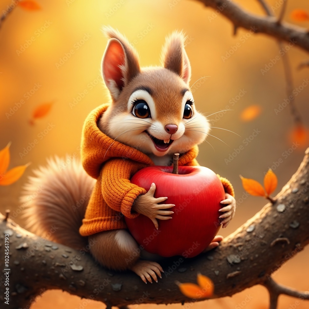 Cute squirrel wearing an orange knitted hoodie smiling while holding a red apple on a tree branch Cute squirrel wearing an orange knitted hoodie smiling while holding a red apple on a tree branch