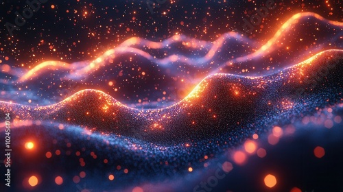 This image showcases a vibrant display of abstract waves illuminated with glowing particles, creating a whimsical atmosphere.