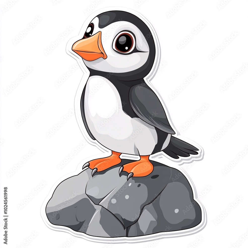 Fototapeta premium Happy Baby Puffin Standing on Rock Isolated
