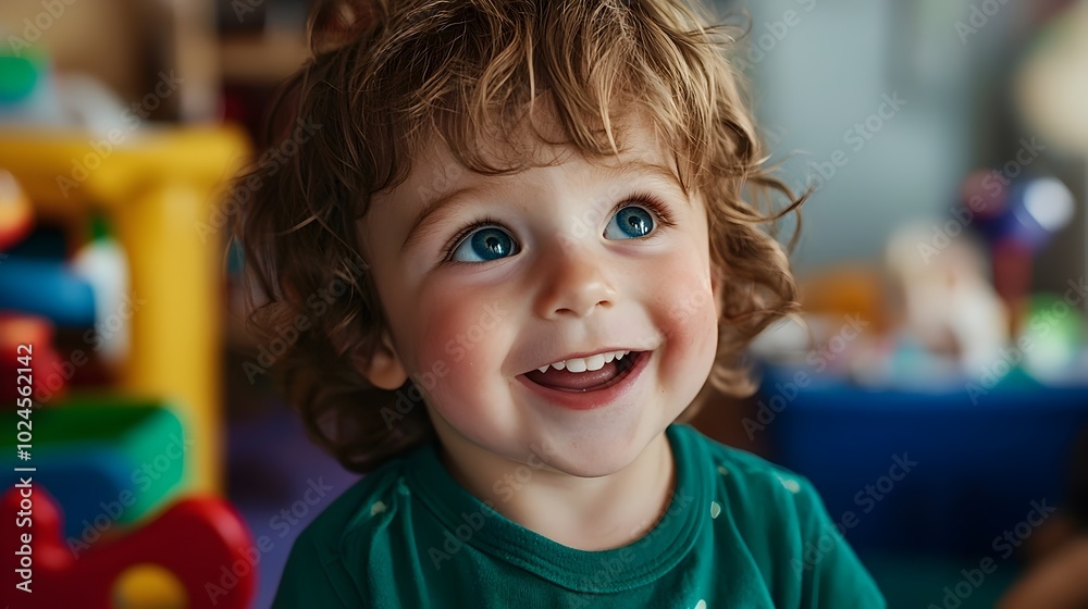 Cheerful Toddler with Bright Blue Eyes Playing Enthusiastically with Colorful Toys in the Background Capturing the Joyful Essence of Childhood and Imagination Cheerful Toddler with Bright Blue Eyes Playing Enthusiastically with Colorful Toys in the Background Capturing the Joyful Essence of Childhood and Imagination