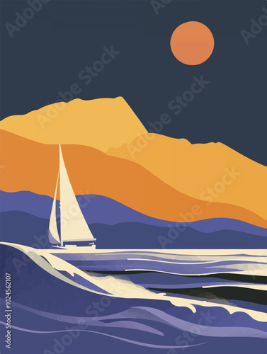 Vibrant abstract artwork of a sailboat on colorful waves at sunset. Modern, minimalist style using bold and contrasting hues. Perfect for wall art, posters, or creative backgrounds. Summer vibe.