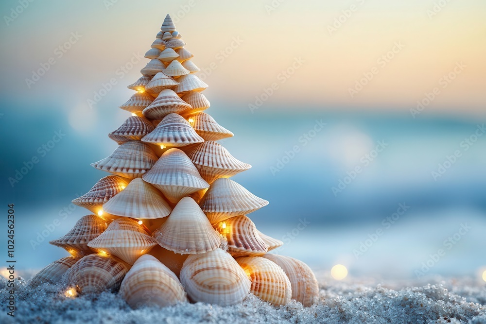 unique seashell christmas tree crafted on a sandy beach evoking a whimsical holiday spirit with ample copy space for festive messages unique seashell christmas tree crafted on a sandy beach evoking a whimsical holiday spirit with ample copy space for festive messages