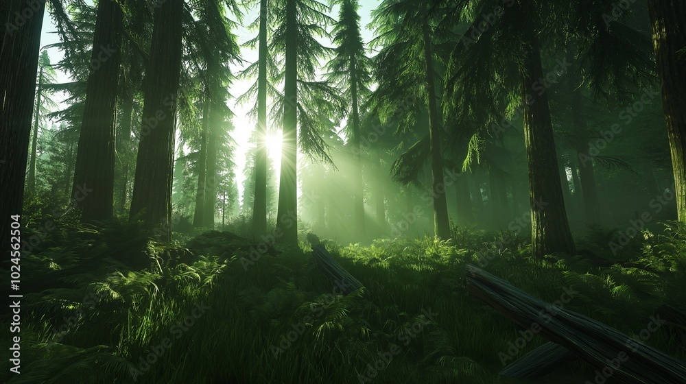 Obraz premium A misty forest with towering trees and sunbeams piercing through the fog