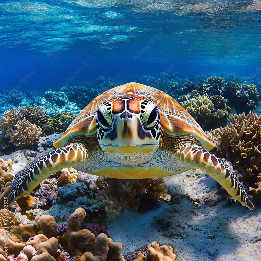 Cute Sea Turtle with Big Round Eyes Swimming Below Waves Cute Sea Turtle with Big Round Eyes Swimming Below Waves