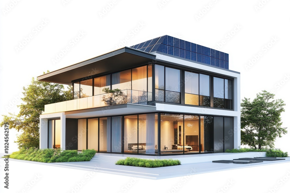 A sleek, two-story modern house with floor-to-ceiling glass windows, solar panels on the roof A sleek, two-story modern house with floor-to-ceiling glass windows, solar panels on the roof