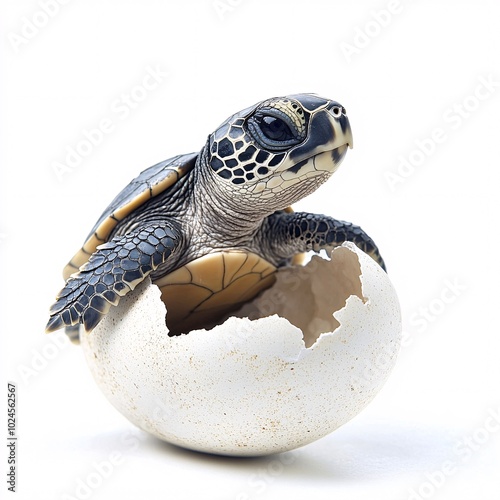 Adorable Sea Turtle Hatching from Egg Isolated on White
