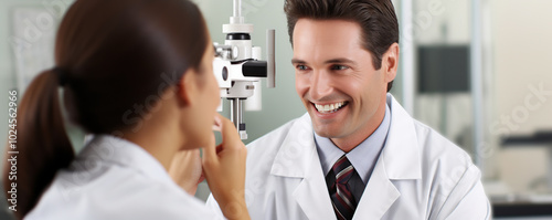 A friendly doctor interacts with a patient during an eye examination