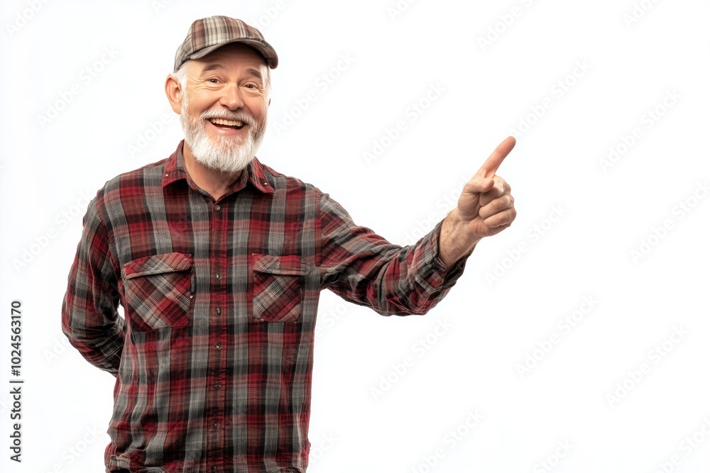 portrait of mature happy handyman presenting something isolated on white background : Generative AI portrait of mature happy handyman presenting something isolated on white background : Generative AI