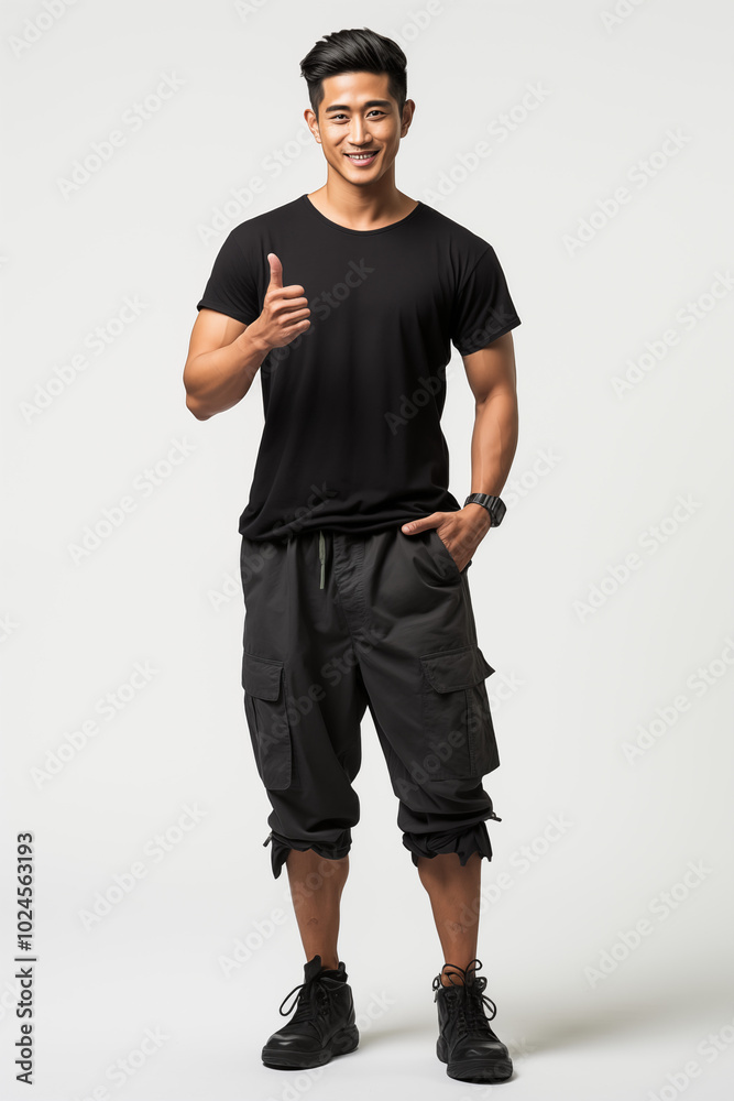 A smiling man confidently posing in a casual black t-shirt and jeans A smiling man confidently posing in a casual black t-shirt and jeans