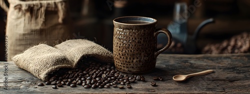 A rustic coffee setting with burlap and dark wood, featuring an old-fashioned cup of black coffee on the table, surrounded by scattered brown beans photo