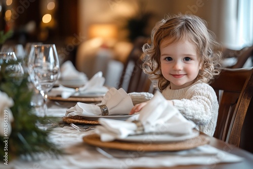 A child at the dining table restorane , helping to set the table for dinner, carefully placing napkins and silverware in front of each plate.
