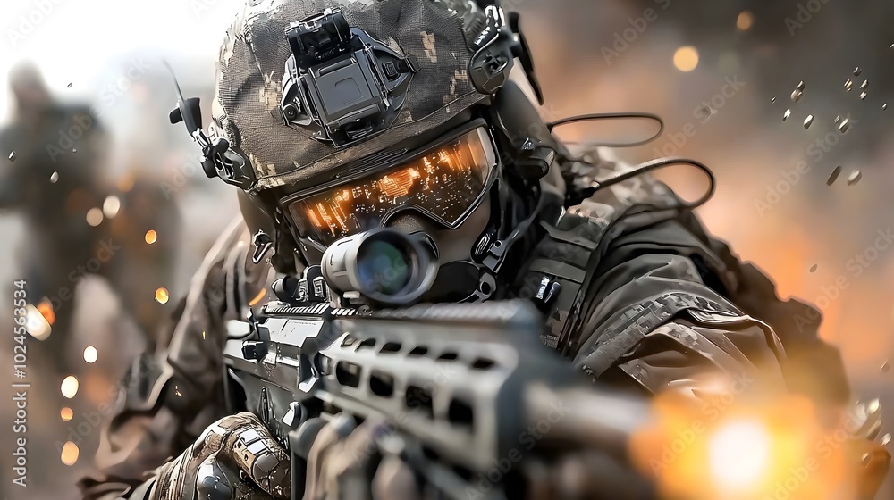 A futuristic soldier in advanced combat armor stands amidst a laser filled battleground wielding a powerful plasma rifle as they engage in a high tech intense military conflict of the future A futuristic soldier in advanced combat armor stands amidst a laser filled battleground wielding a powerful plasma rifle as they engage in a high tech intense military conflict of the future
