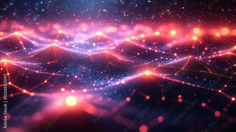 A creative abstract scene depicting a vibrant, glowing landscape with brilliant lights and particles creating a dreamlike ambiance.
