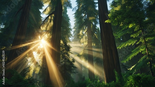 A misty forest with towering trees and sunbeams piercing through the fog